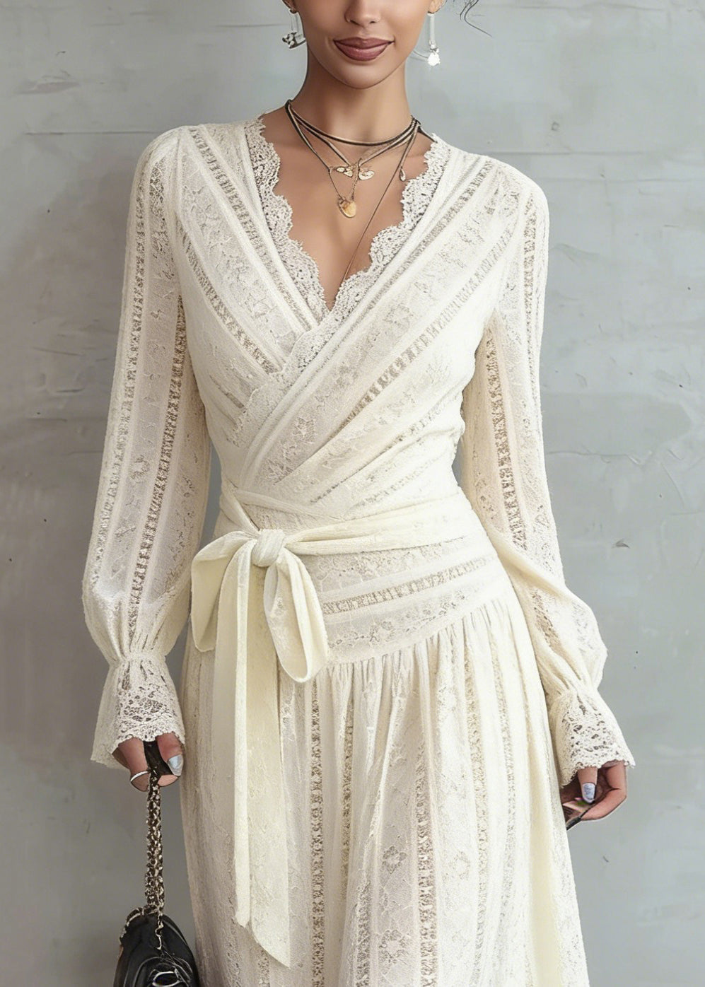 Lace Deep V-Neck Wrap Tie Waist Long Sleeve A-Line Maxi Dress - View 2