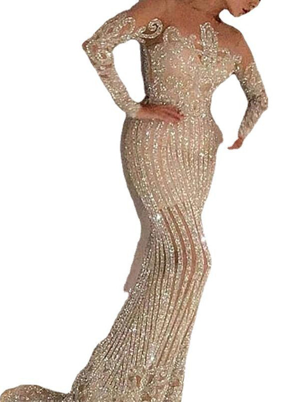 Sequin Off Shoulder Illusion Neck Long Sleeve Mermaid Maxi Gown - View 5