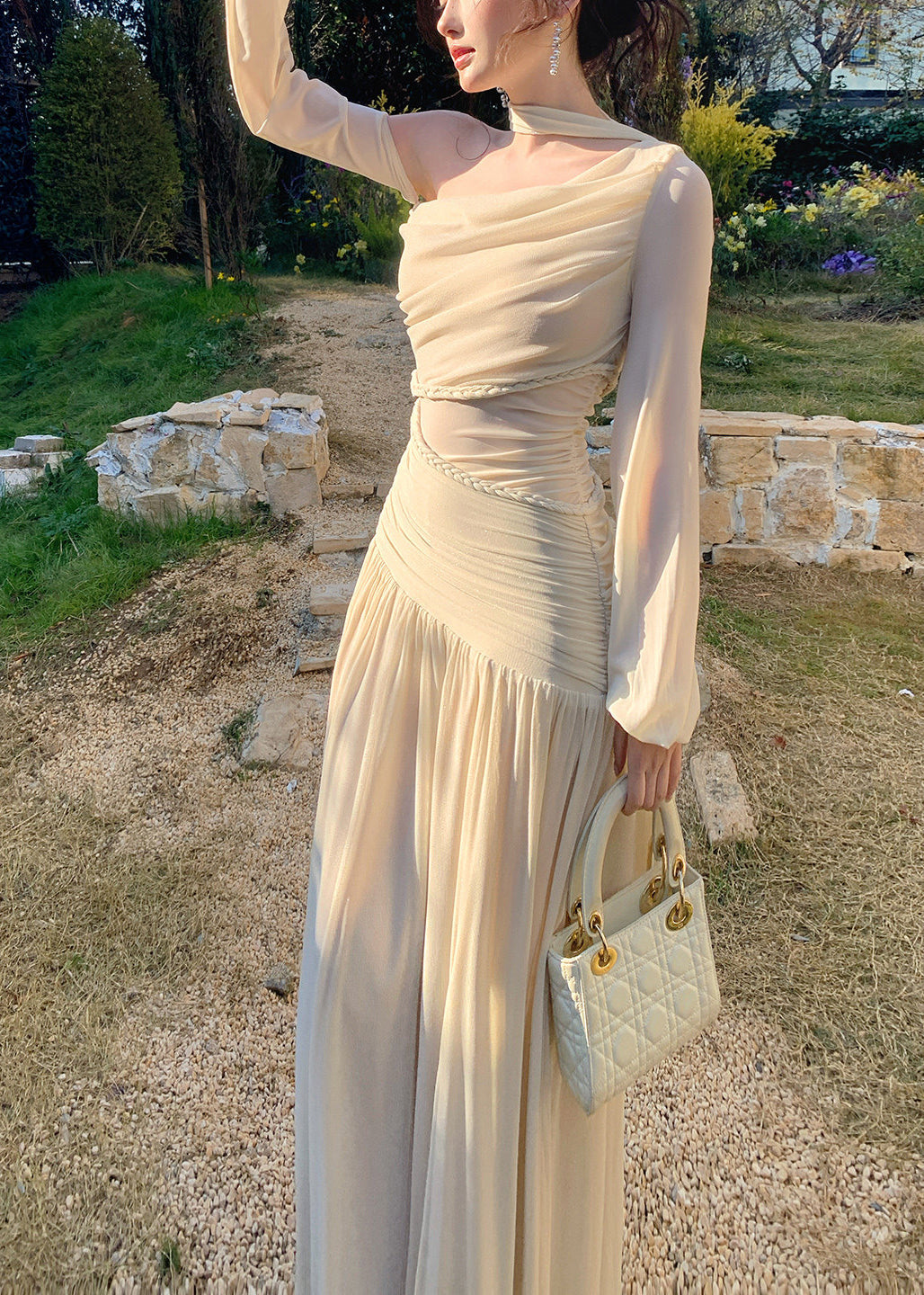 Elegant Beige One Shoulder Wrinkled Knit Party Dresses Summer - View 3