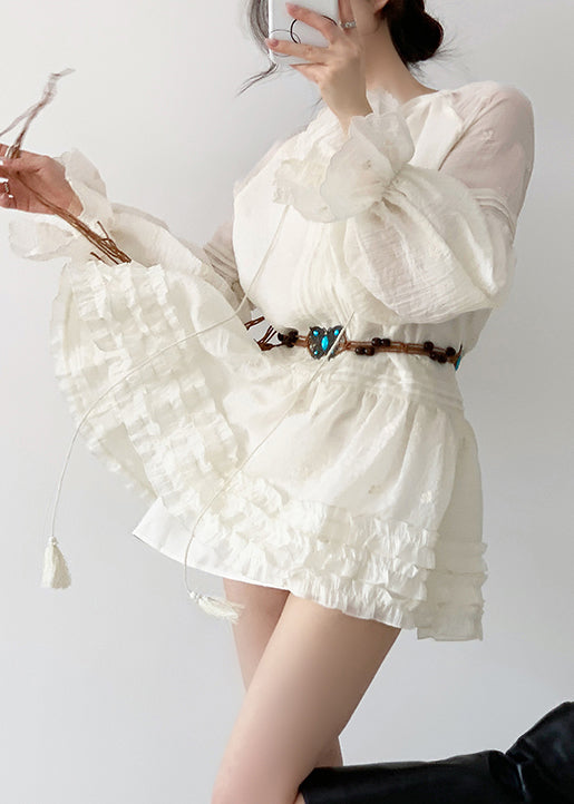 Elegant Beige Ruffled Lace Up Cotton Mini Dress Fall - View 5