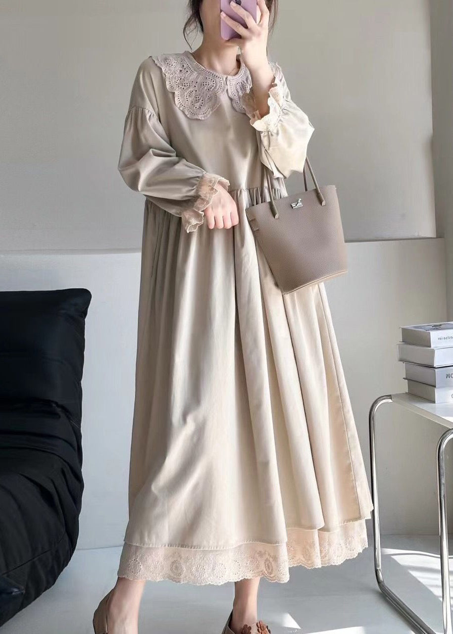 Lace Trim Collar Ruffle Cuff Puff Sleeve Smock Midi Dress - View 3