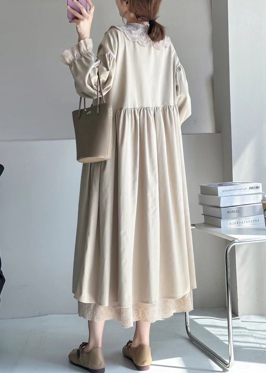 Lace Trim Collar Ruffle Cuff Puff Sleeve Smock Midi Dress - View 4