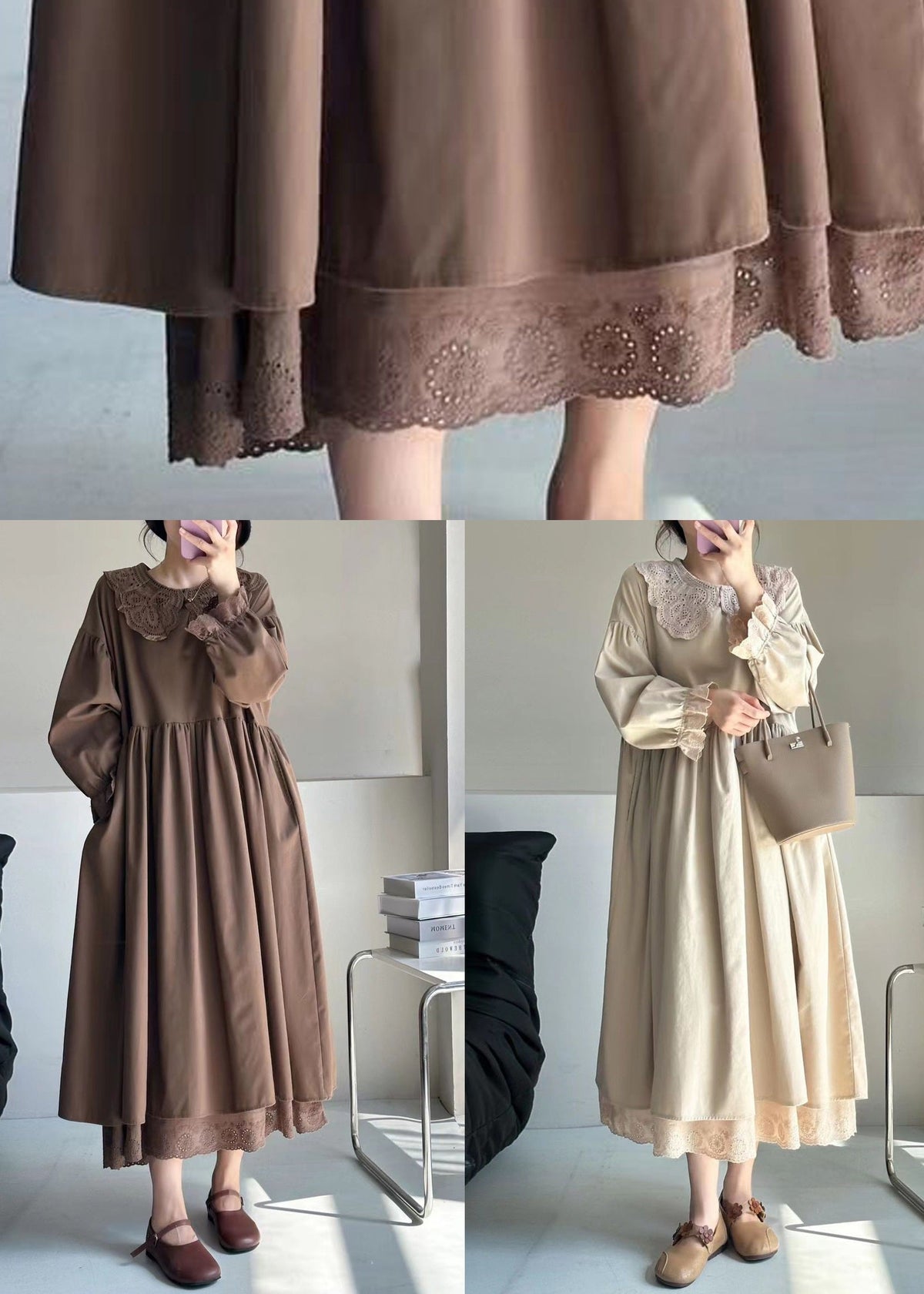 Lace Trim Collar Ruffle Cuff Puff Sleeve Smock Midi Dress - View 5