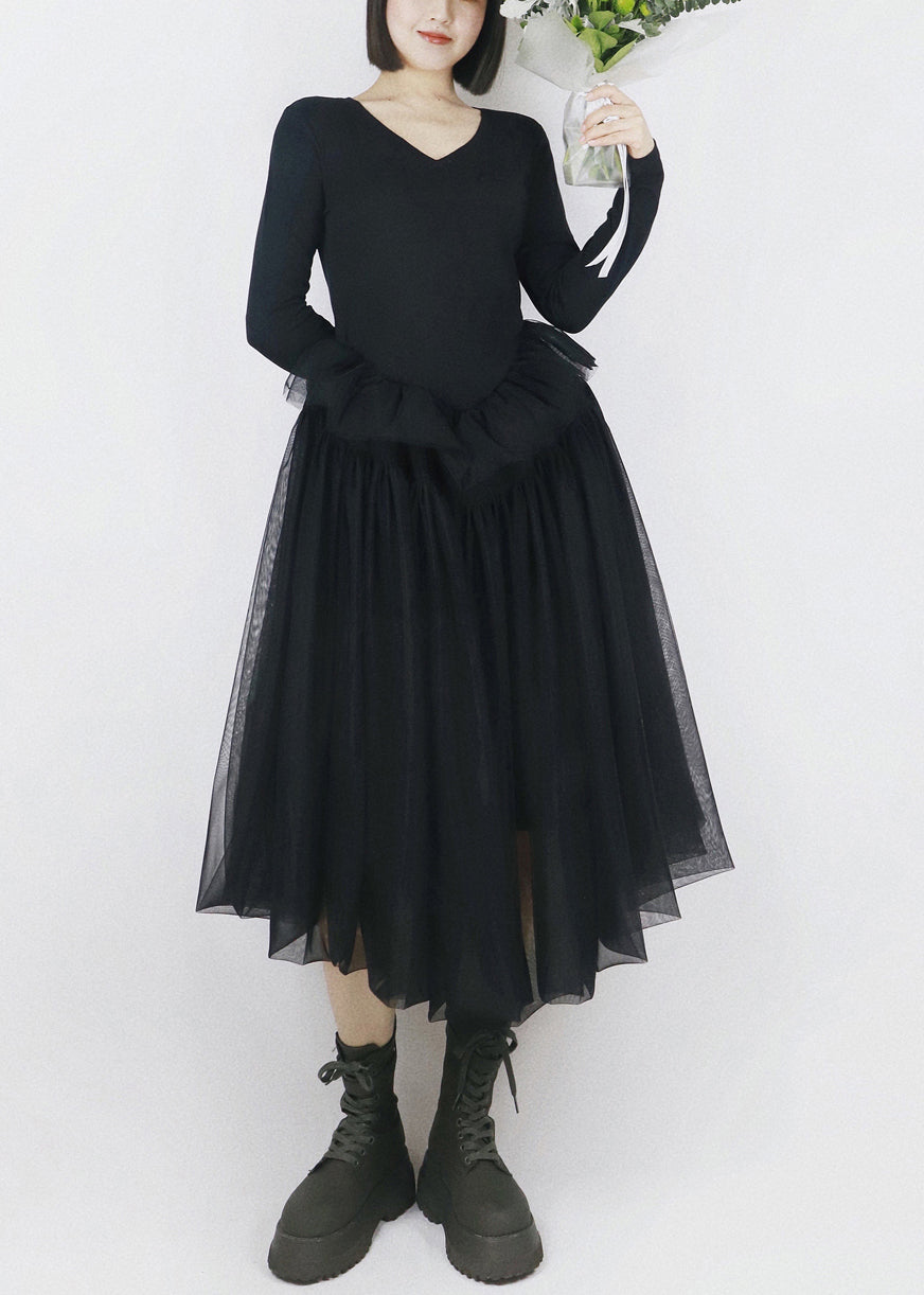 V-Neck Long Sleeve Knit Tulle Handkerchief Hem Midi Dress