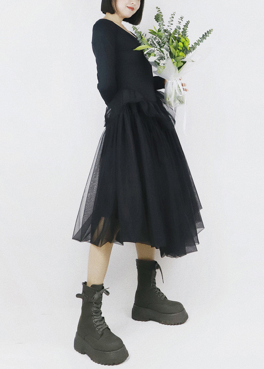 V-Neck Long Sleeve Knit Tulle Handkerchief Hem Midi Dress - View 4