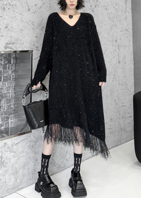 Sequin Speckle Fuzzy Knit V-Neck Long Sleeve Fringe Hem Midi Dress