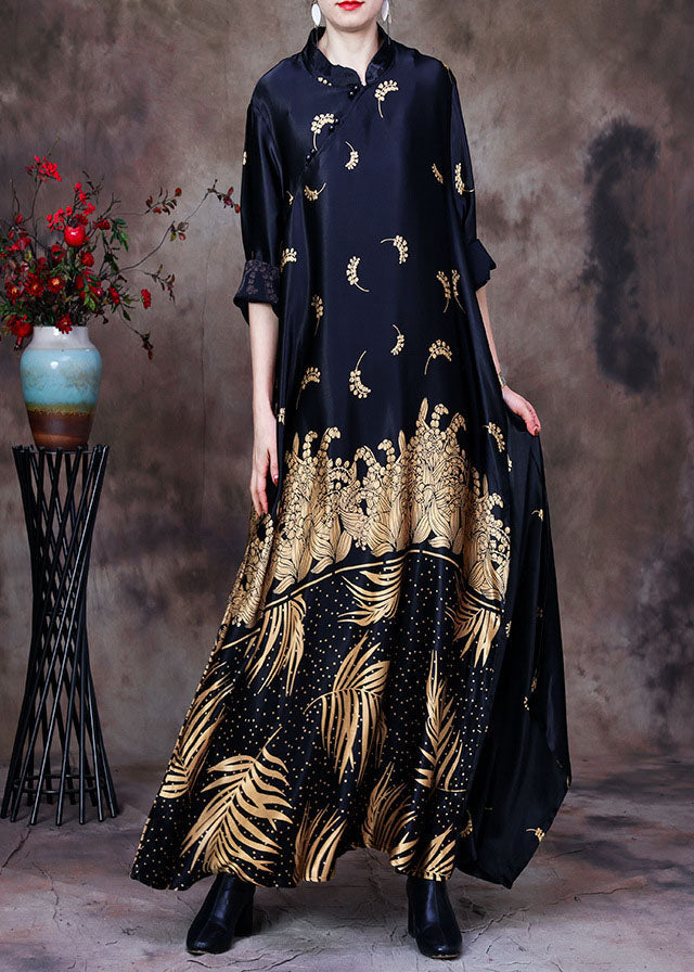 Floral Print Mandarin Collar Long Sleeve Satin Maxi Gown