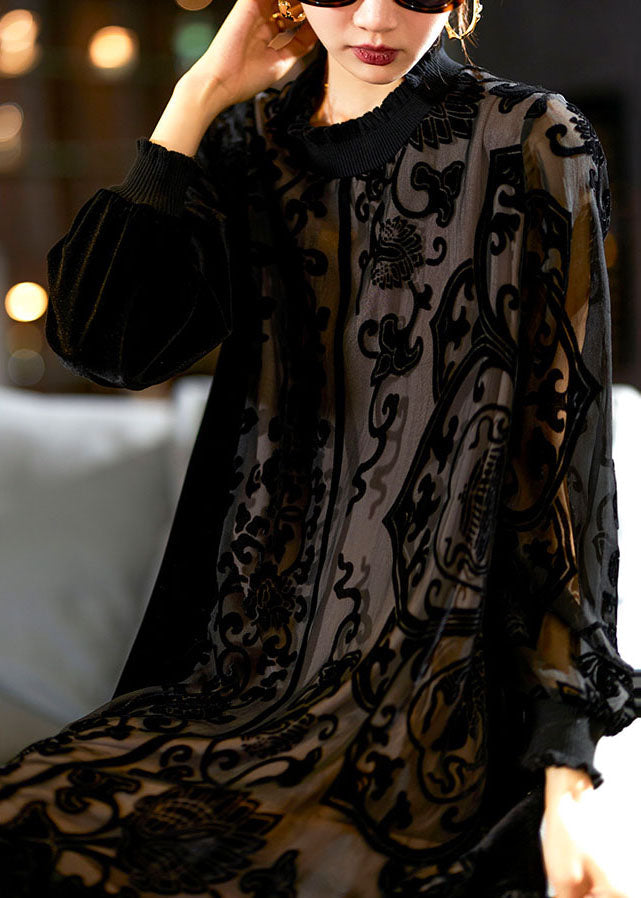 Black O-Neck Embroideried Patchwork Silk Velour Maxi Dress - View 4