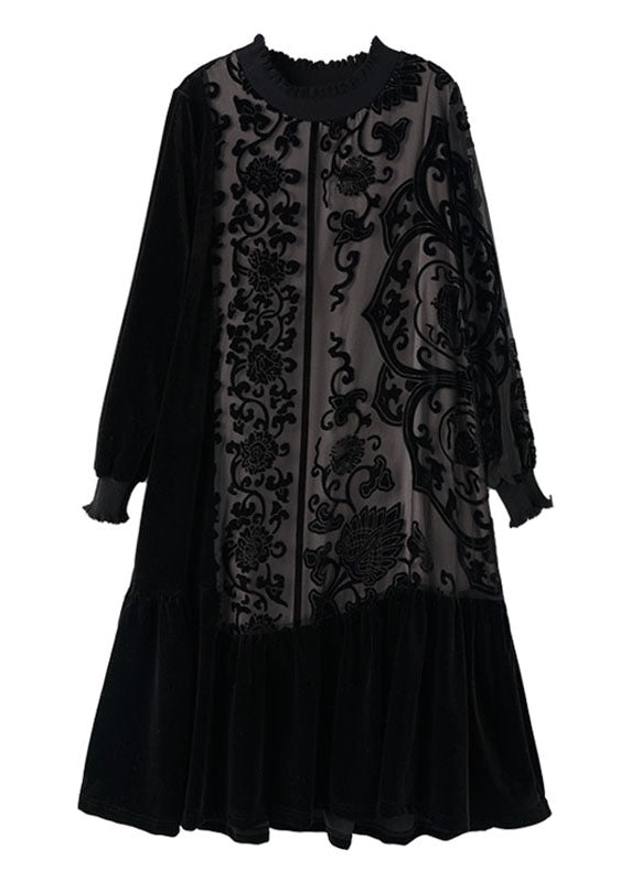 Black O-Neck Embroideried Patchwork Silk Velour Maxi Dress - View 5