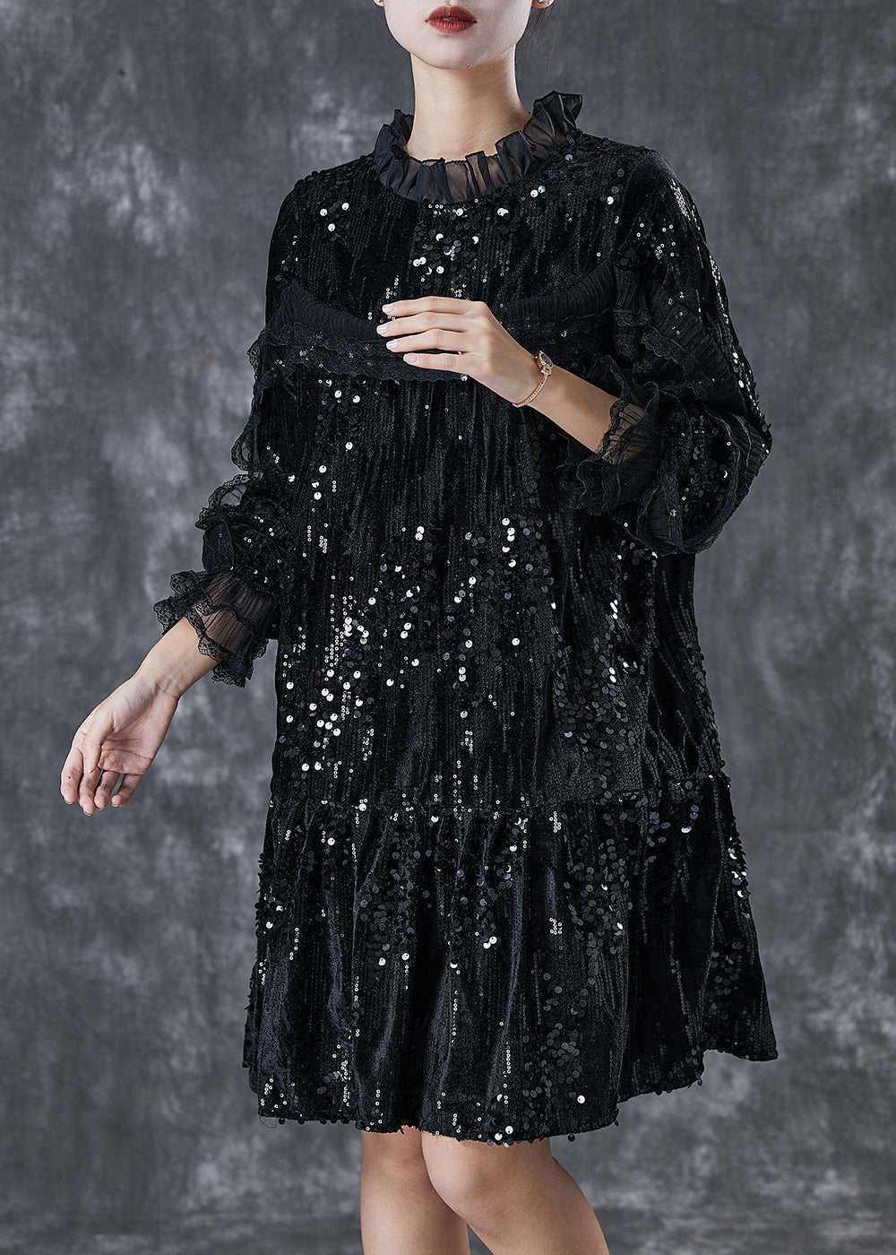 Sequin Velvet Ruffle Neck Tiered Long Sleeve Mini Dress - View 3
