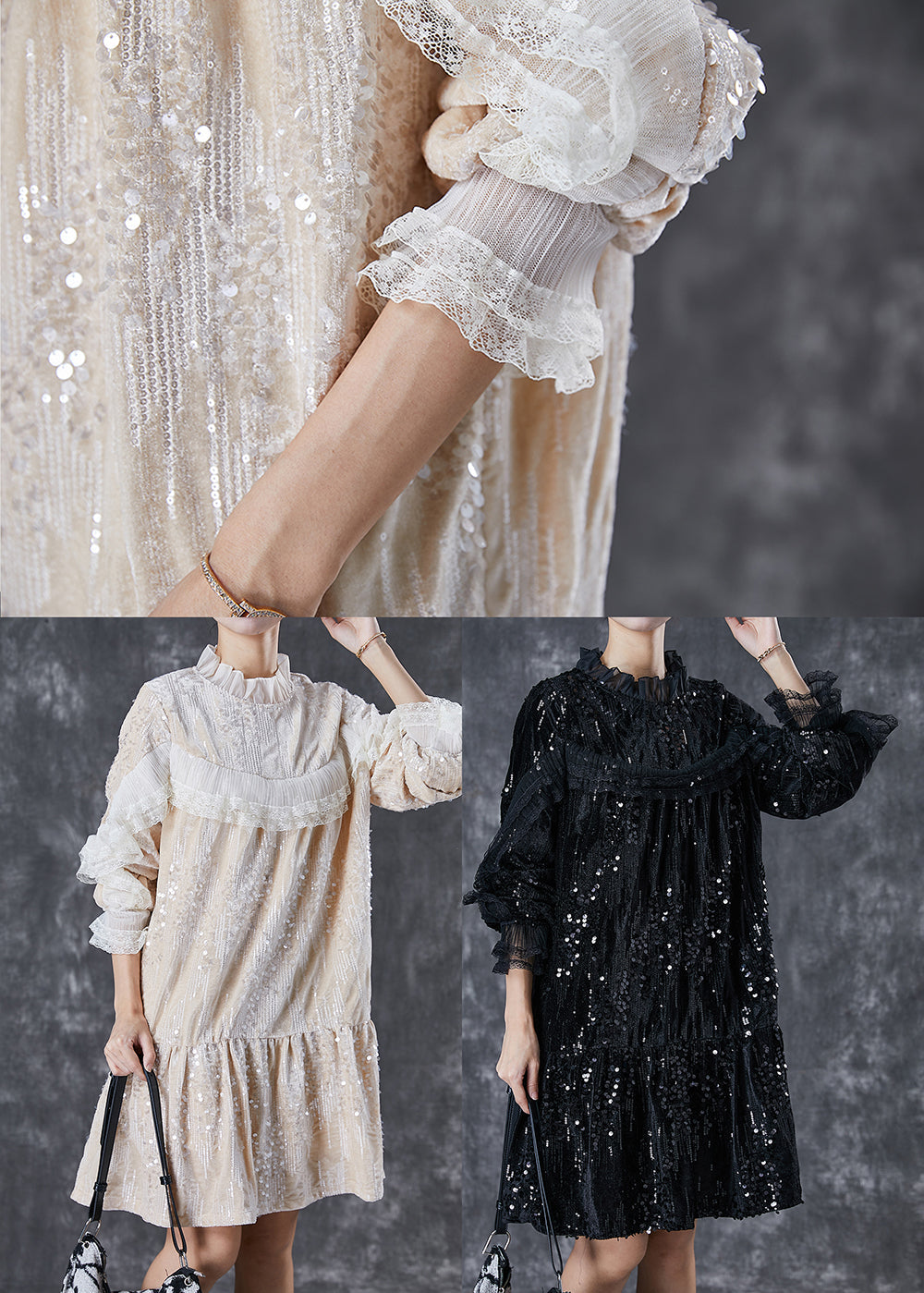 Sequin Velvet Ruffle Neck Tiered Long Sleeve Mini Dress - View 5