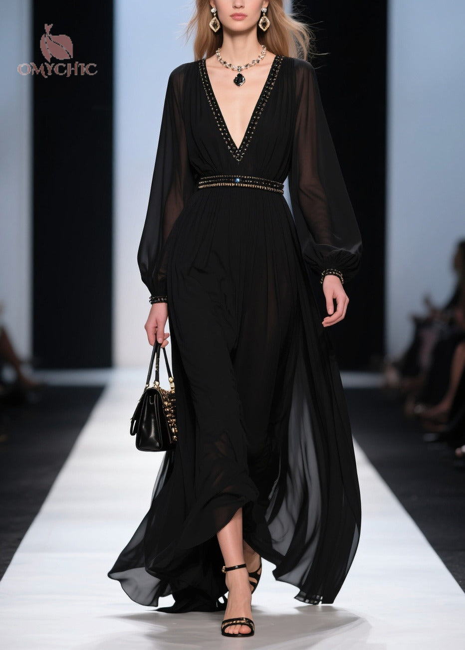 Beaded Trim Deep V-Neck Bishop Sleeve Studded Belt Maxi Gown - View 5