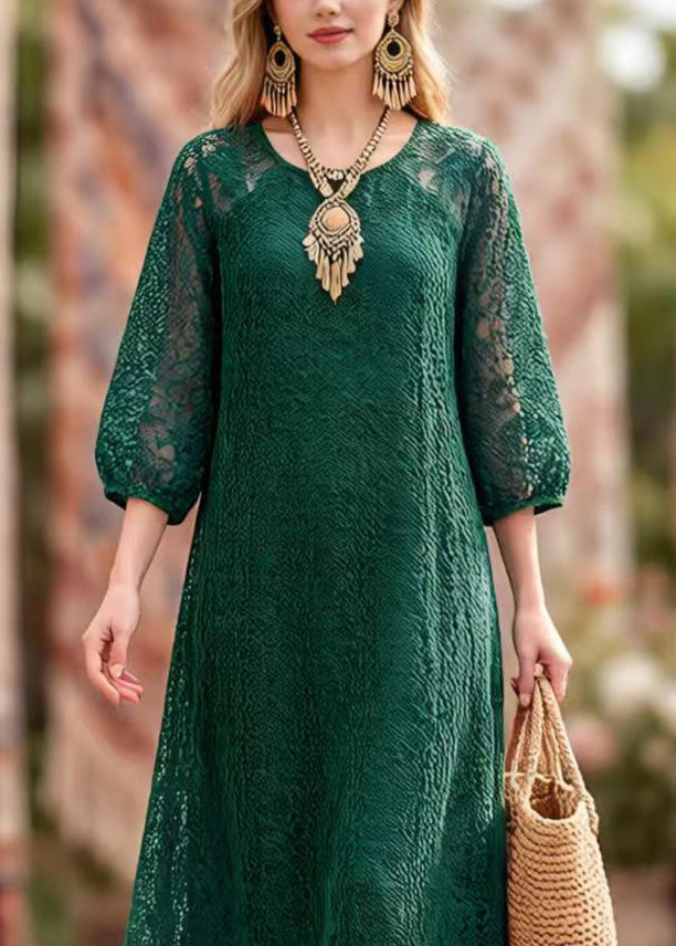 Lace Cut Out Round Neck Puff Sleeve Scalloped Hem Maxi Dress - View 2