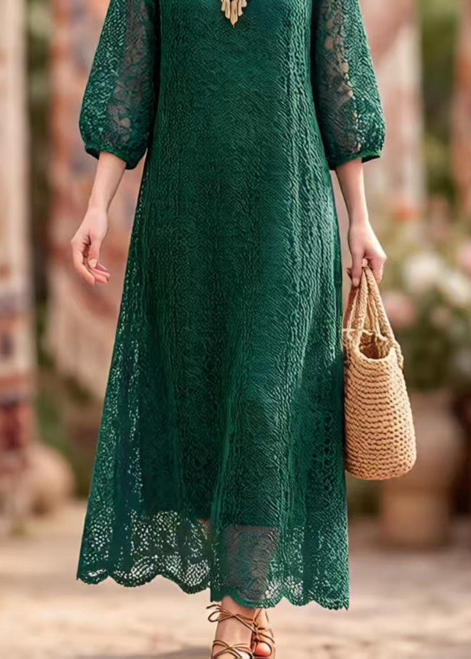 Lace Cut Out Round Neck Puff Sleeve Scalloped Hem Maxi Dress - View 4