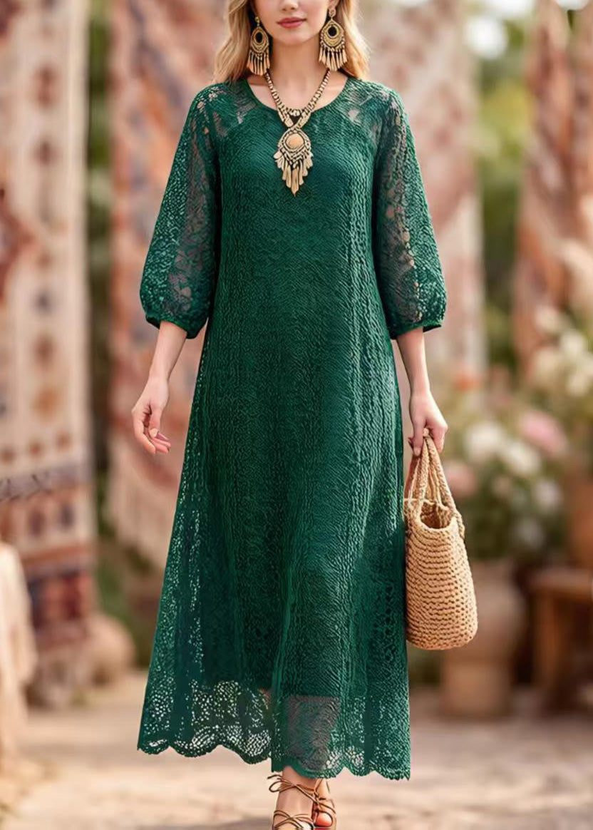 Lace Cut Out Round Neck Puff Sleeve Scalloped Hem Maxi Dress - View 5