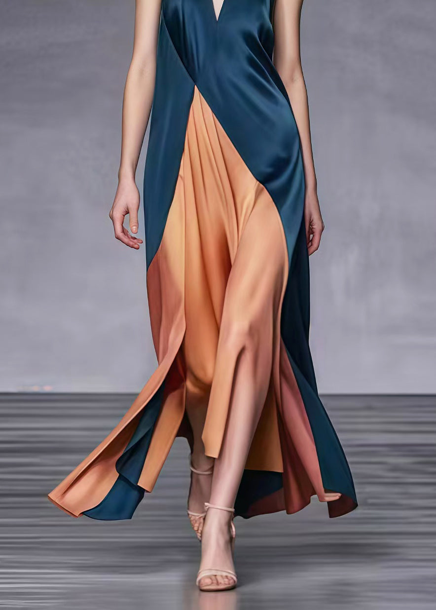 Satin Halter Neck Deep V-Neck Asymmetrical Wrap Maxi Gown - View 5