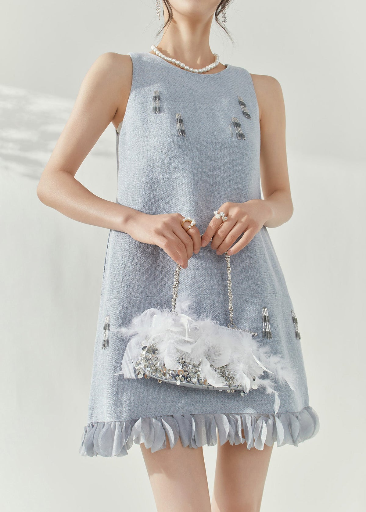 Boucle Tweed Round Neck Sleeveless Beaded Fringe Ruffle Hem Mini Dress - View 3