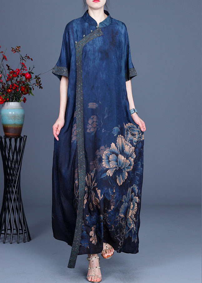 Mandarin Collar Short Sleeve Asymmetrical Floral Print Maxi Dress