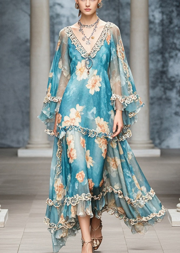 Elegant Blue Ruffled Print Chiffon Long Dress Fall - View 5