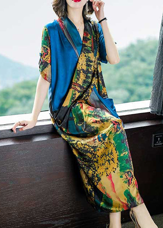 Abstract Landscape Print Satin Wrap V-Neck Maxi Dress - View 2