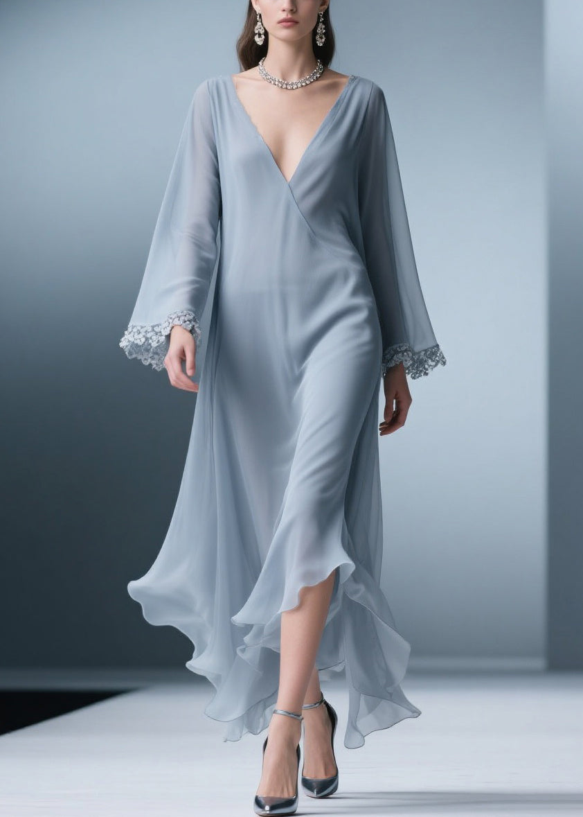 Chiffon Deep V-Neck Bell Sleeve Lace Trim Ruffle Hem Maxi Dress