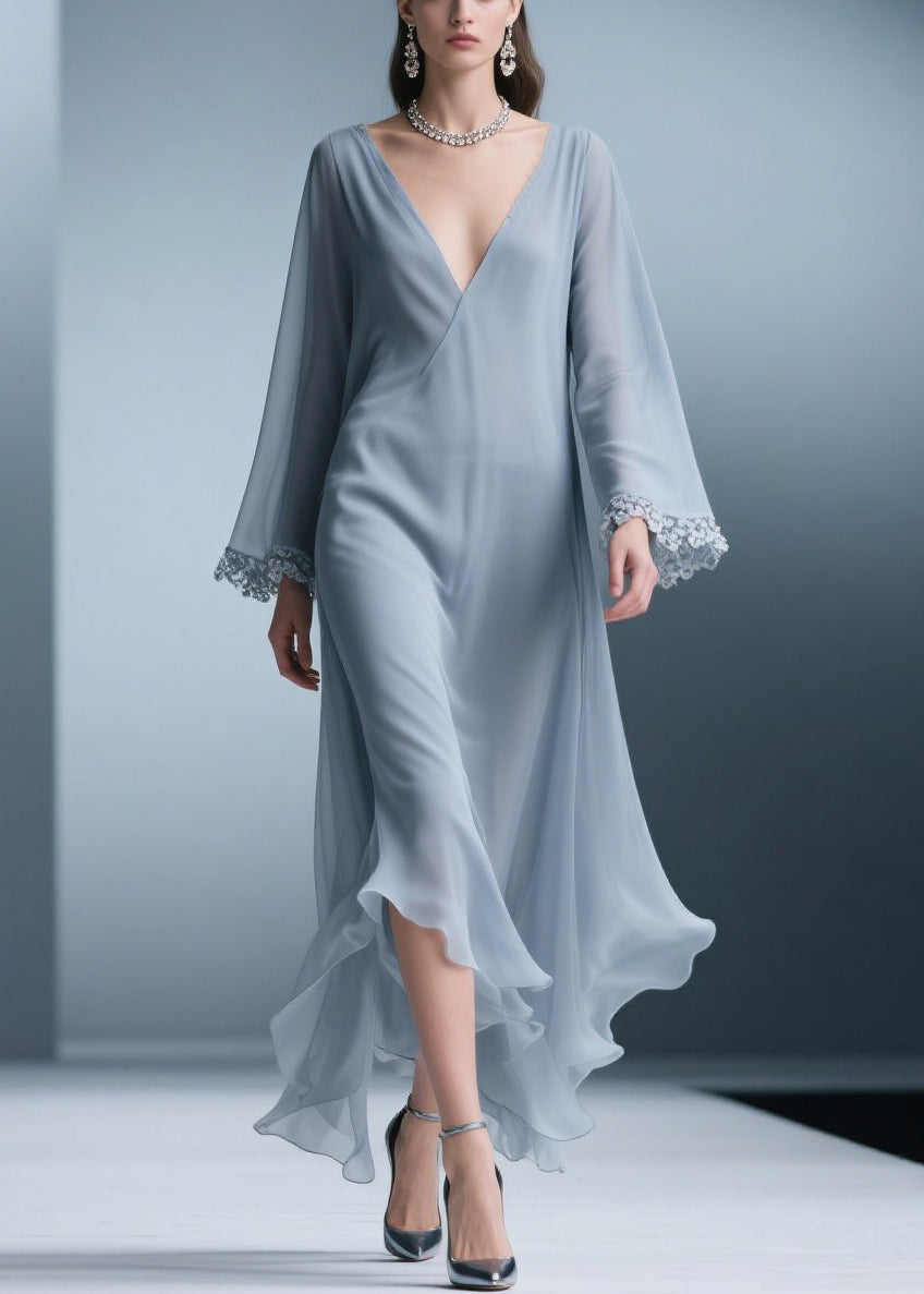 Chiffon Deep V-Neck Bell Sleeve Lace Trim Ruffle Hem Maxi Dress - View 3
