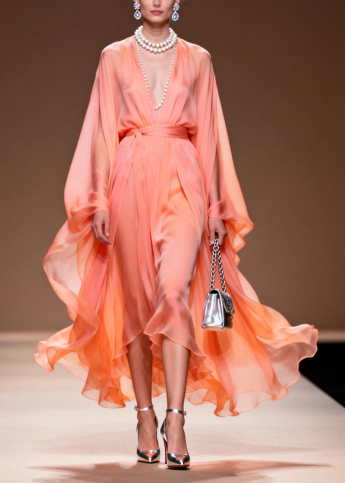 Chiffon Deep V-Neck Cape Sleeve Tie Waist Handkerchief Hem Maxi Gown - View 3