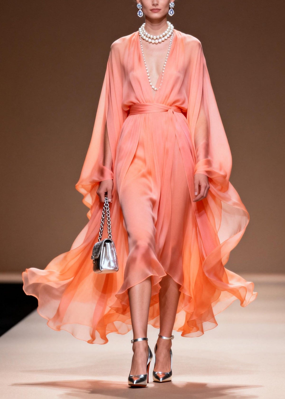 Chiffon Deep V-Neck Cape Sleeve Tie Waist Handkerchief Hem Maxi Gown - View 5