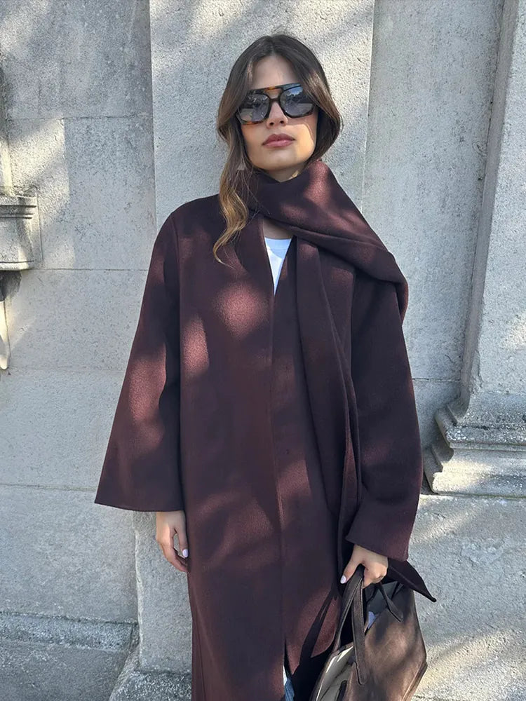 Burgundy Scarf Collar Woolen Coat