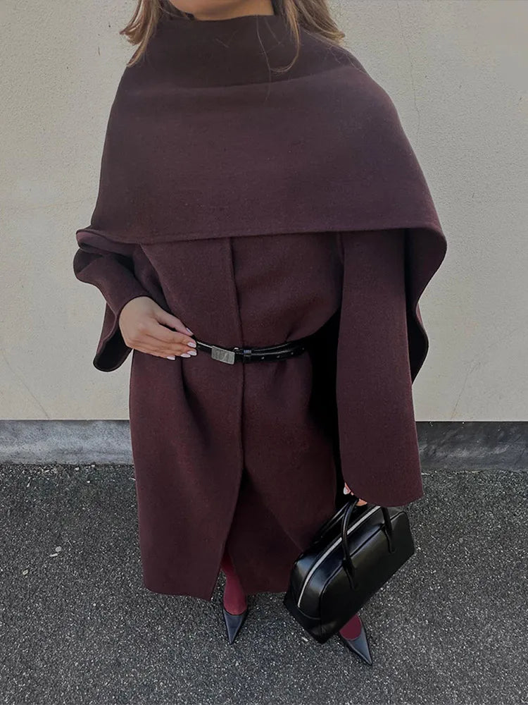 Burgundy Scarf Collar Woolen Coat