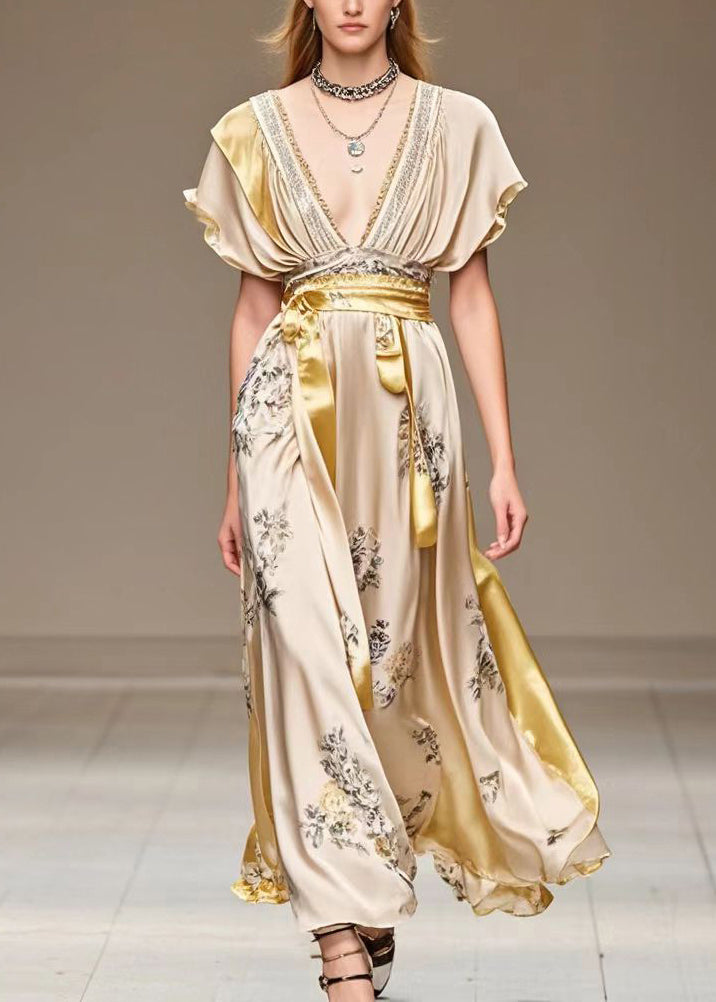 Deep V-Neck Flutter Sleeve Floral Print Sash Belt High Split Maxi Gown - View 3