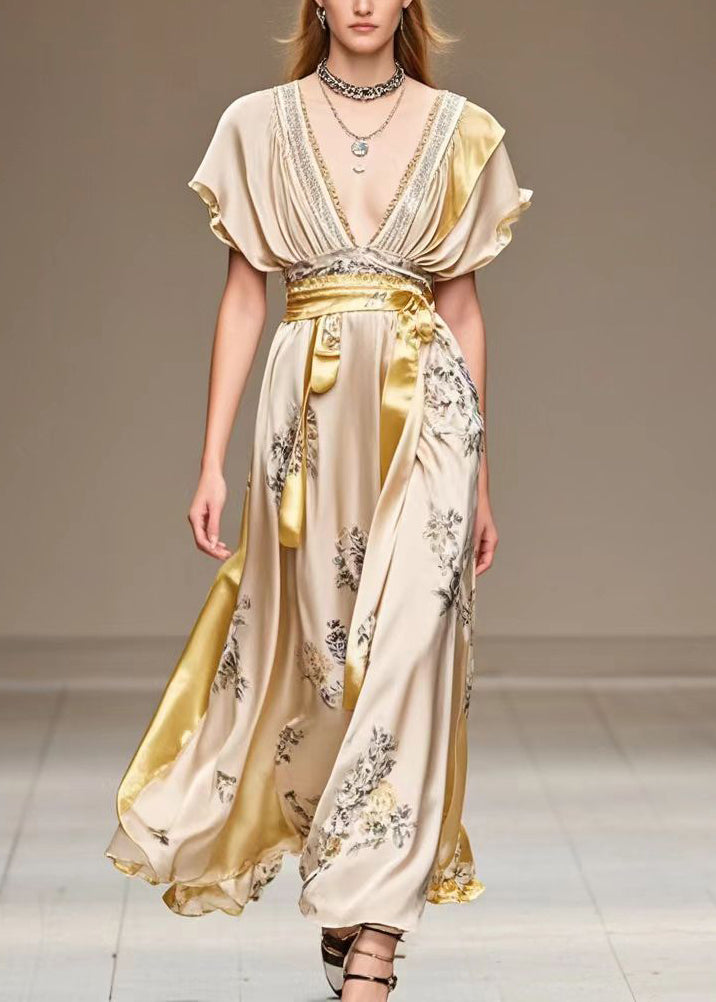 Deep V-Neck Flutter Sleeve Floral Print Sash Belt High Split Maxi Gown - View 5
