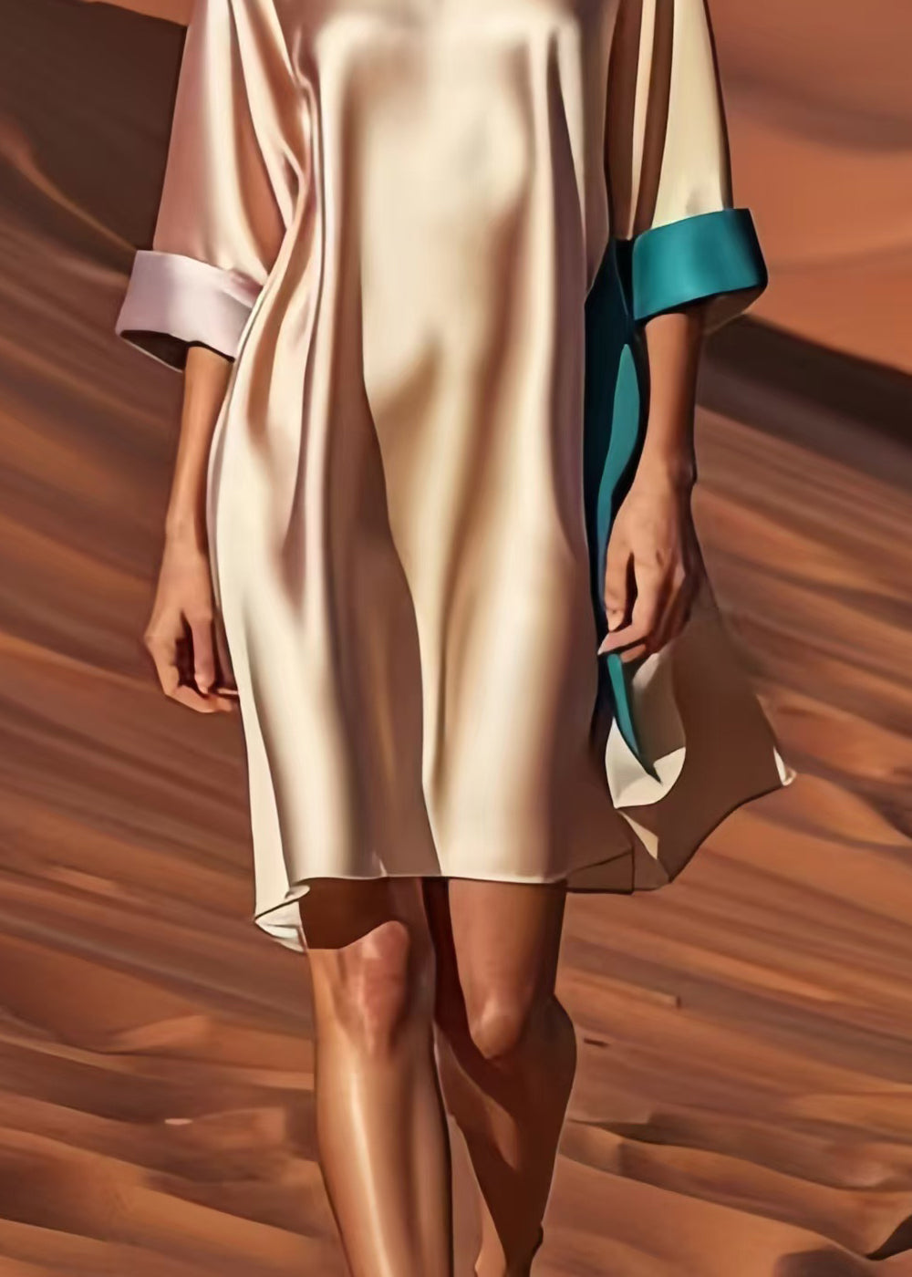 Satin Boat Neck Contrast Cuff Elbow Sleeve Shift Mini Dress - View 5