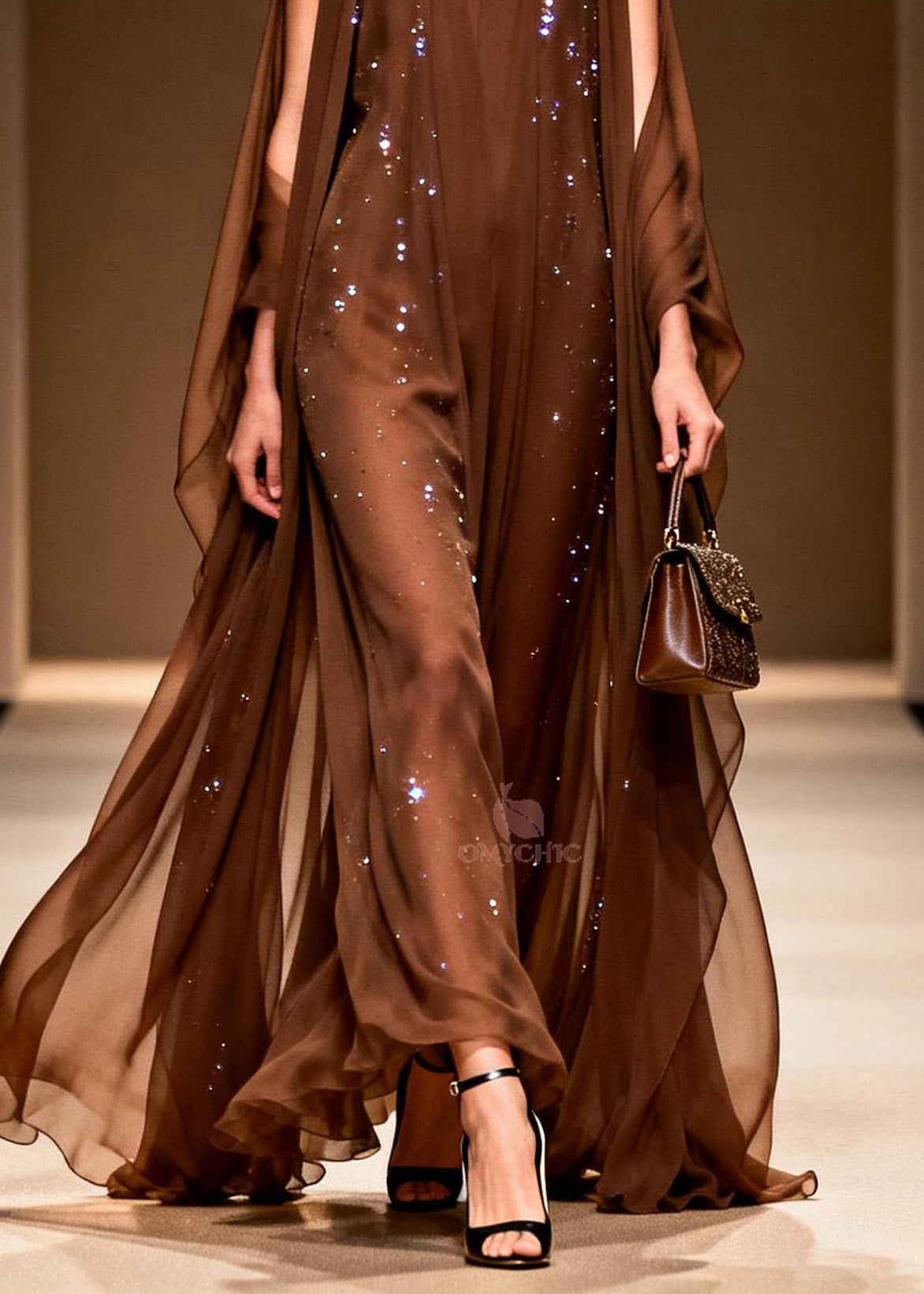 Elegant Coffee Cold Shoulder Zircon Chiffon Maxi Dresses Sleeveless - View 4