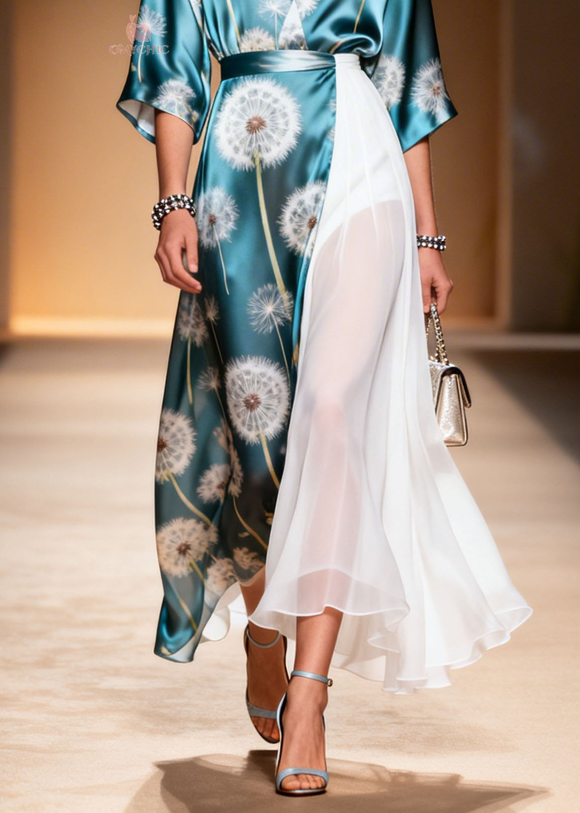 Dandelion Print Wrap Sleeve Deep V-Neck Pleated Maxi Dress - View 4