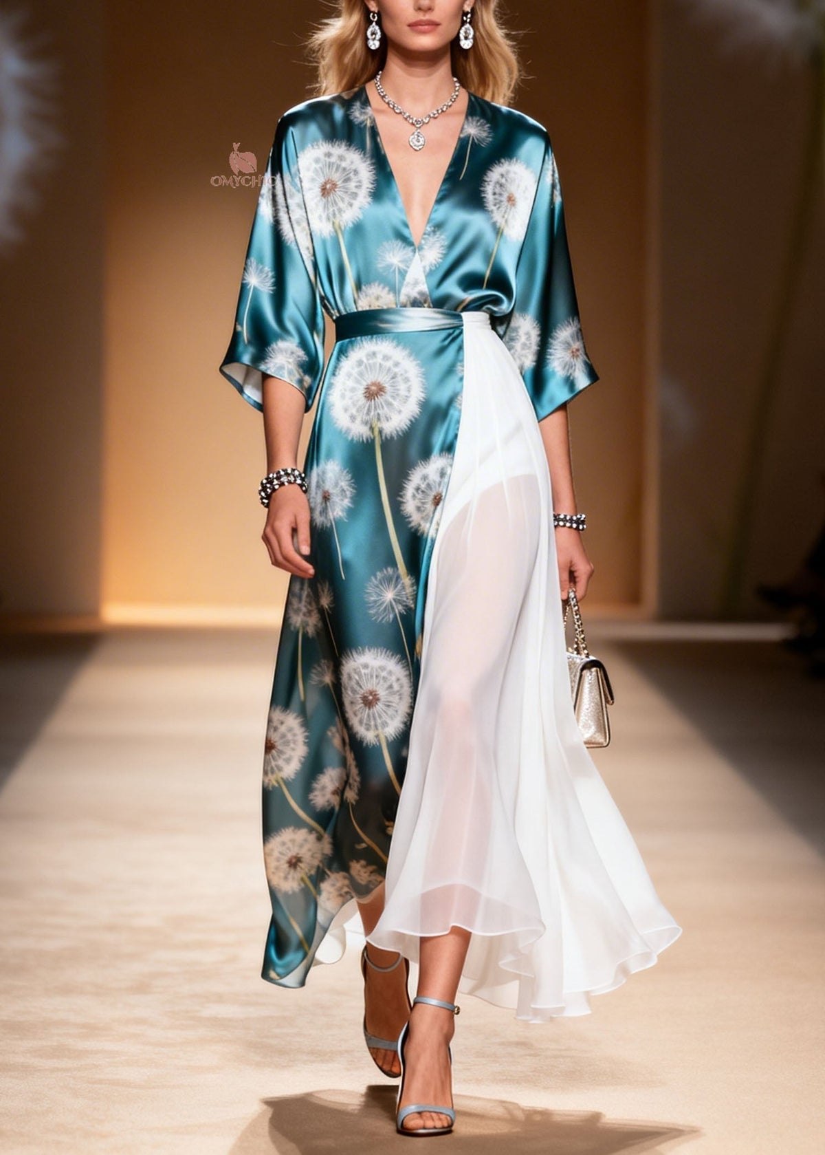 Dandelion Print Wrap Sleeve Deep V-Neck Pleated Maxi Dress - View 5