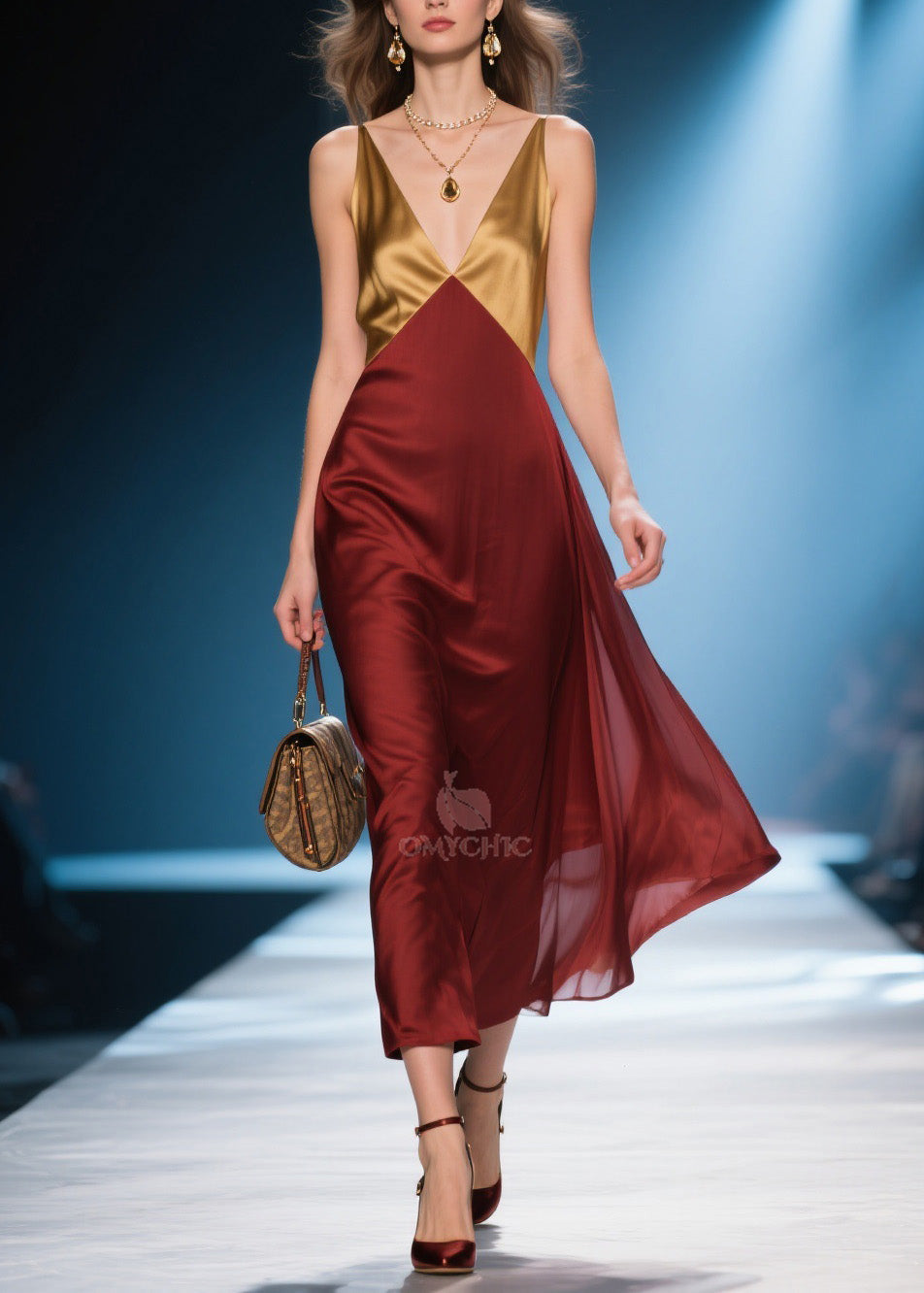 Satin Colorblock Deep V-Neck Spaghetti Strap Midi Dress - View 5