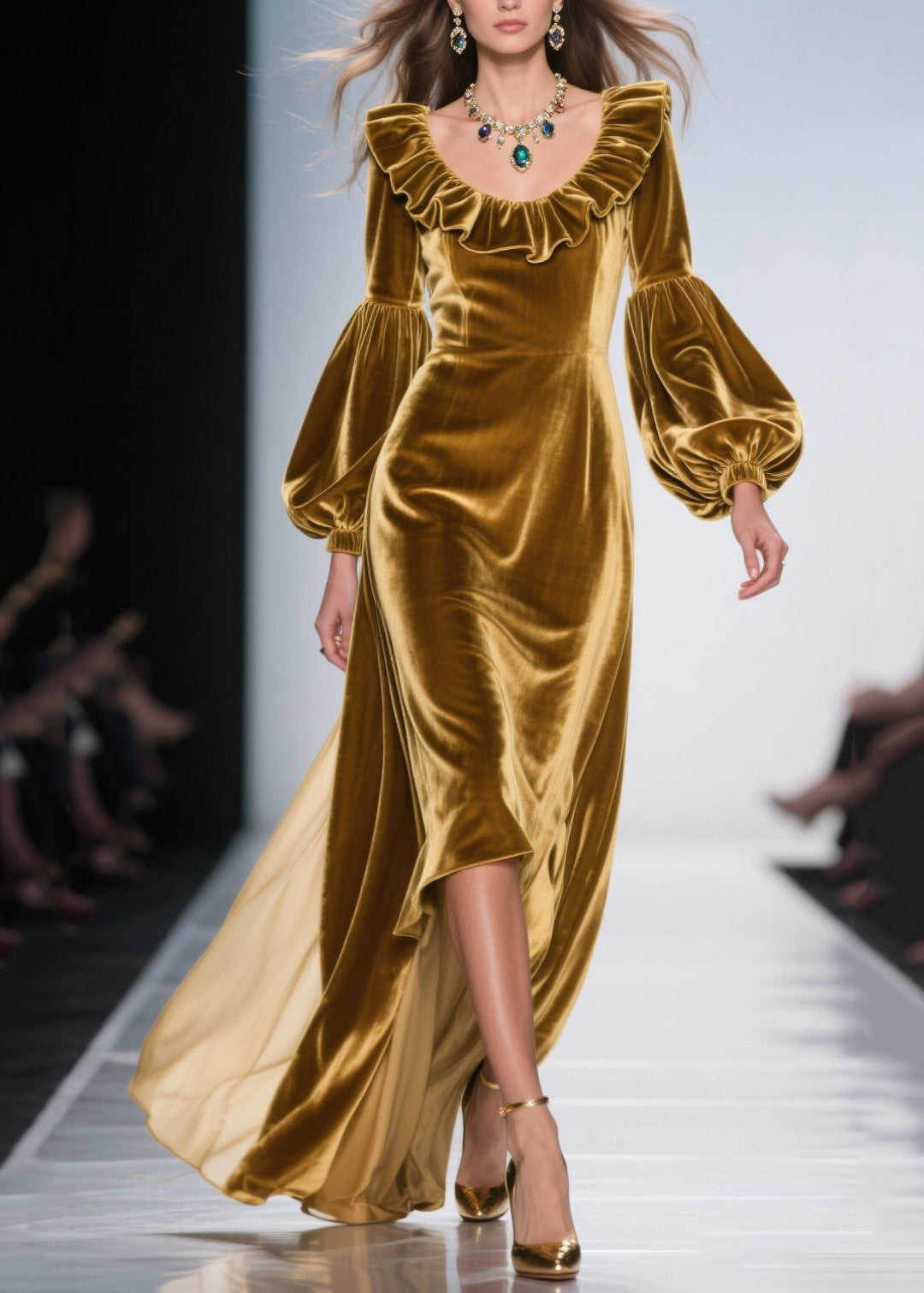 Velvet Ruffle Neck Bishop Sleeve High Low Maxi Gown