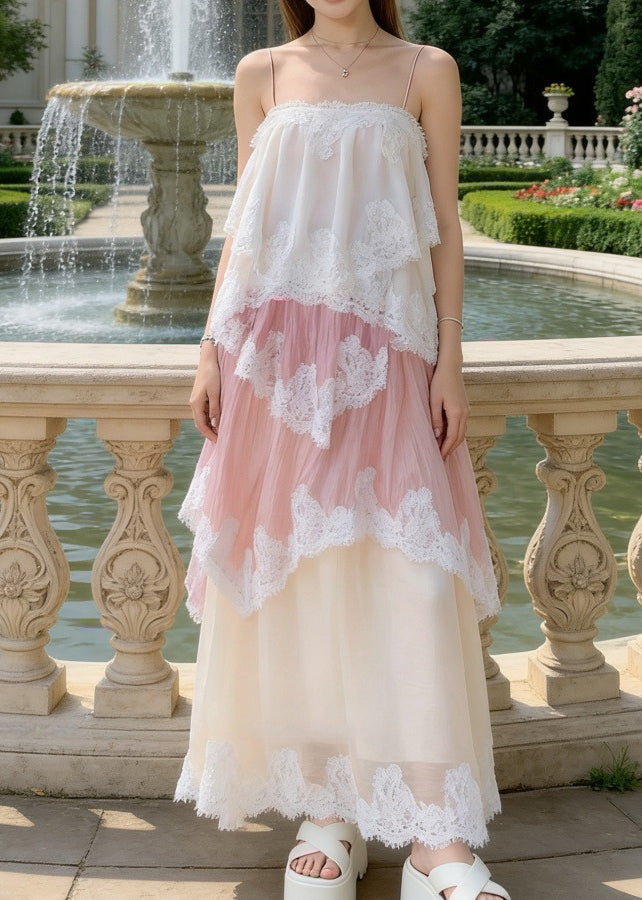 Spaghetti Strap Lace Trim Tiered Boho Chiffon Maxi Dress - View 4