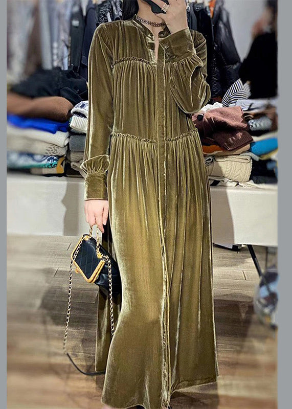 Velvet Mandarin Collar Button Front Tiered Ruffle Maxi Dress