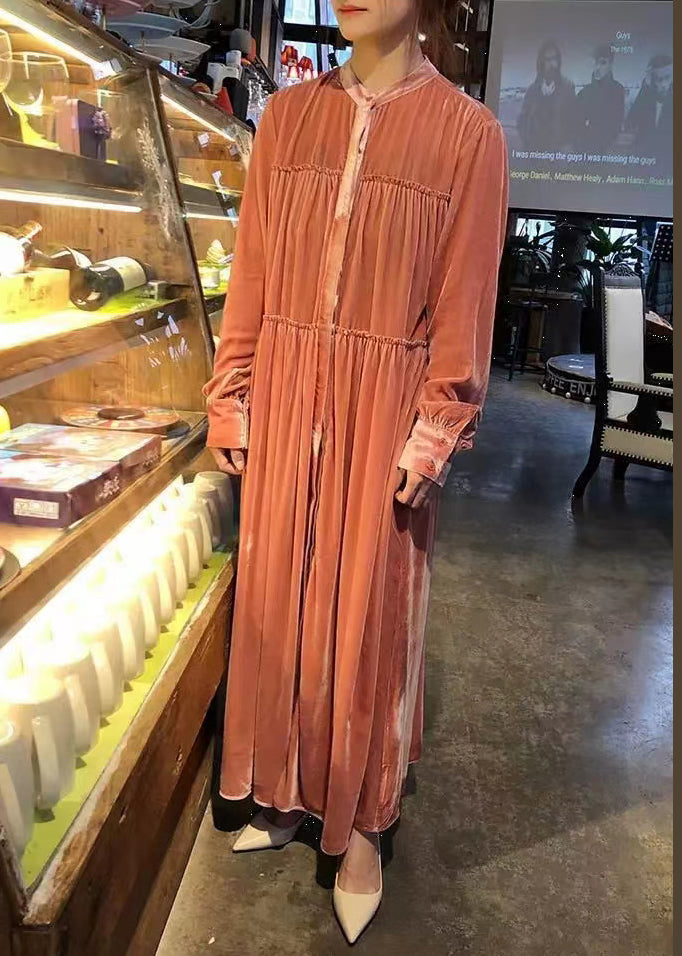 Velvet Mandarin Collar Button Front Tiered Ruffle Maxi Dress - View 2