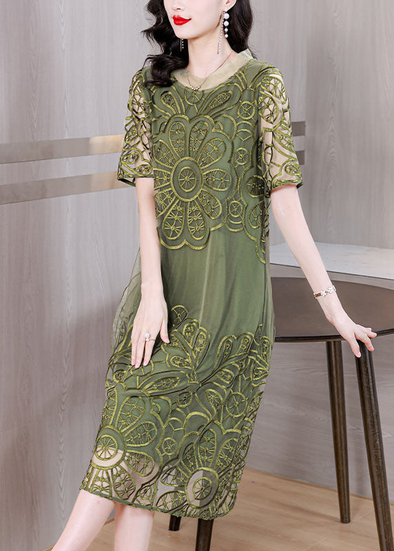 Elegant Green Embroideried Ruffled Tulle Long Dresses Short Sleeve - View 3