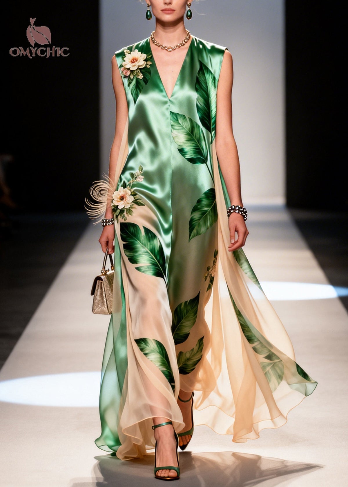 Tropical Print V-Neck Sleeveless Floral Applique Maxi Gown - View 3