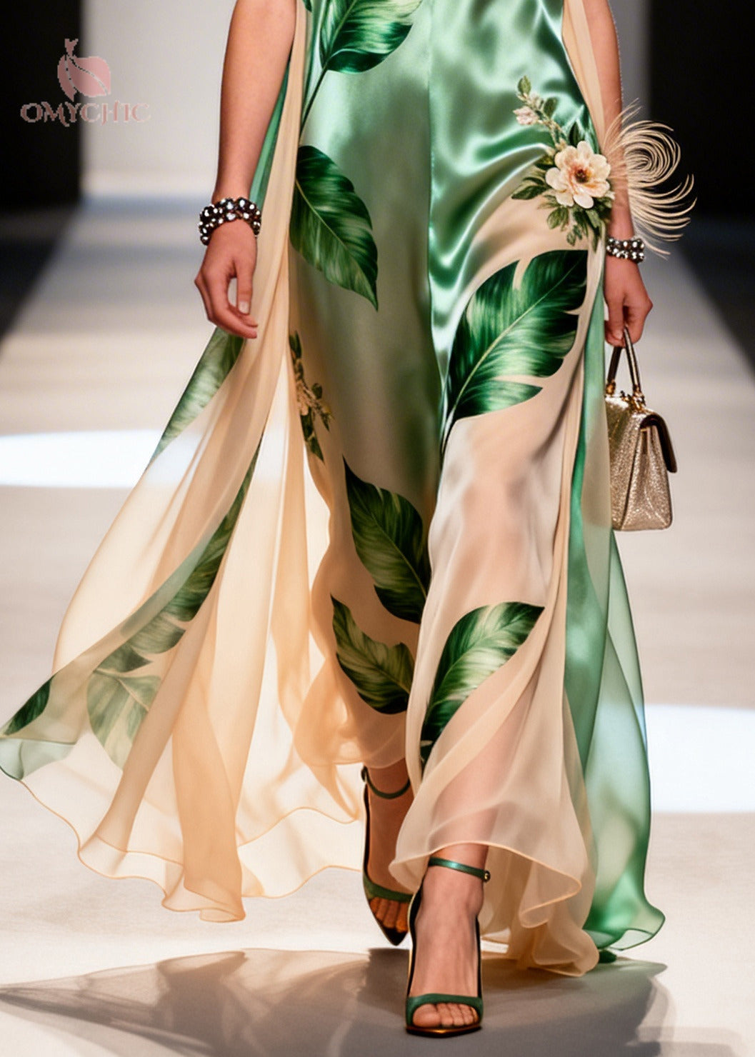 Tropical Print V-Neck Sleeveless Floral Applique Maxi Gown - View 4