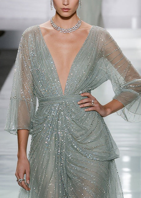 Sequin Deep V-Neck Bell Sleeve Wrap Draped Layered High Low Midi Dress - View 2