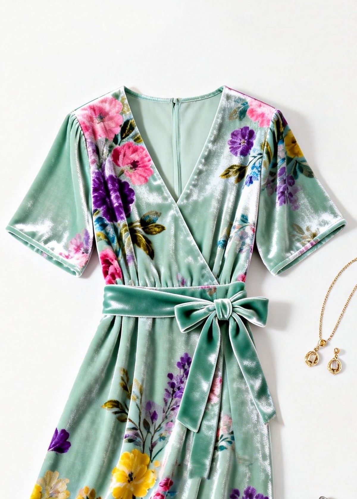 Velvet Wrap V-Neck Short Sleeve Floral Print Tie Waist Midi Dress - View 2