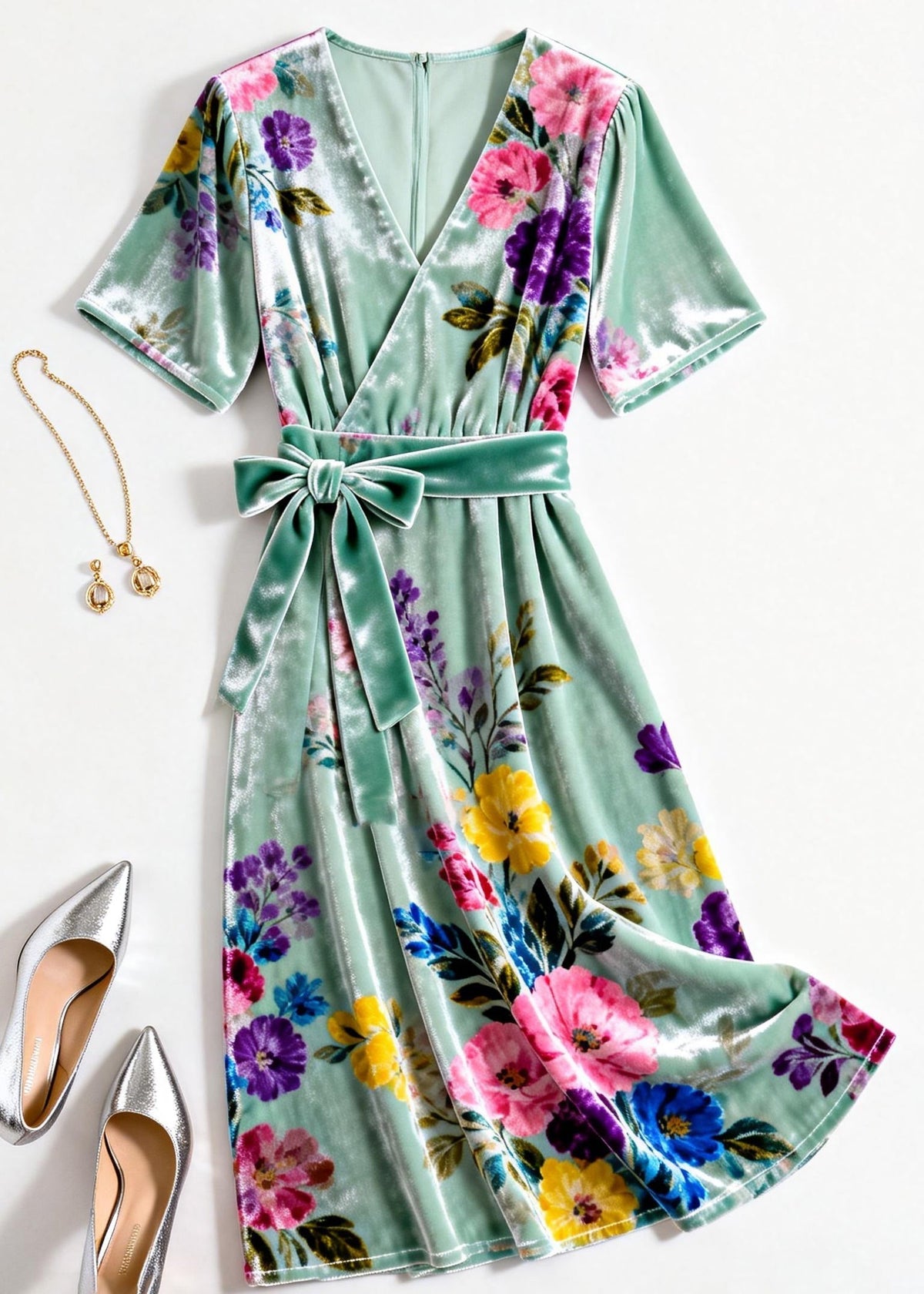 Velvet Wrap V-Neck Short Sleeve Floral Print Tie Waist Midi Dress - View 3