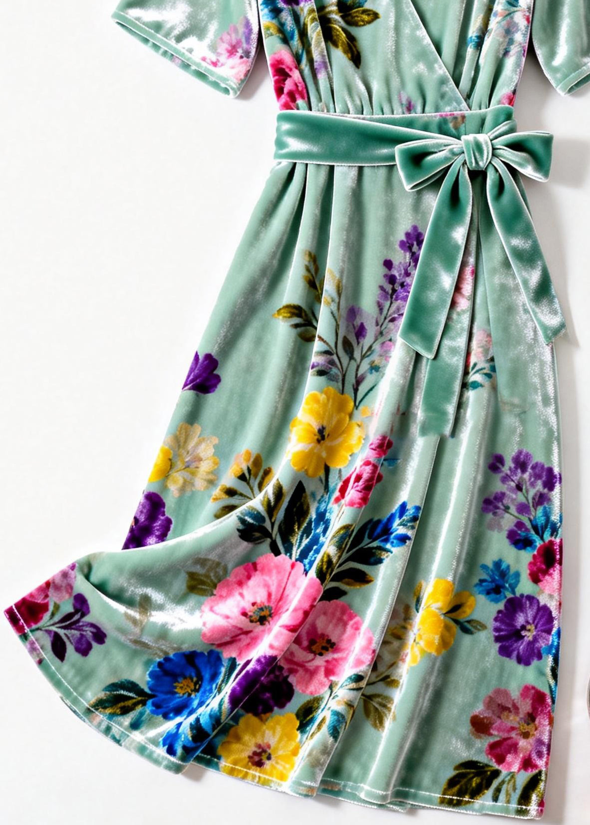 Velvet Wrap V-Neck Short Sleeve Floral Print Tie Waist Midi Dress - View 4