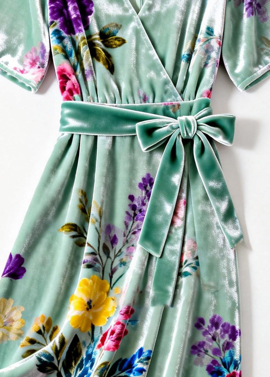 Velvet Wrap V-Neck Short Sleeve Floral Print Tie Waist Midi Dress - View 5
