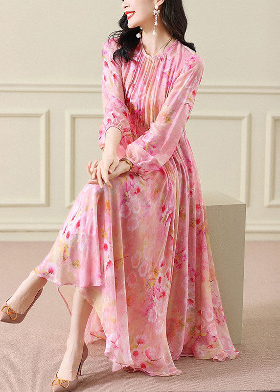Elegant Green Wrinkled Print Chiffon Maxi Dress Long Sleeve - View 2